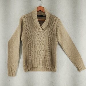 Irelandseye Sweater Womens S Cable Knit Shawl Collar 95% Wool 5% Cashmere Tan